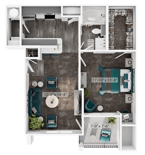Floor plan for 1 bed, 1 bath, 684 sqft